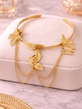 Gold Leaf Large Bracelet Small Choker Necklace with Draped Chains